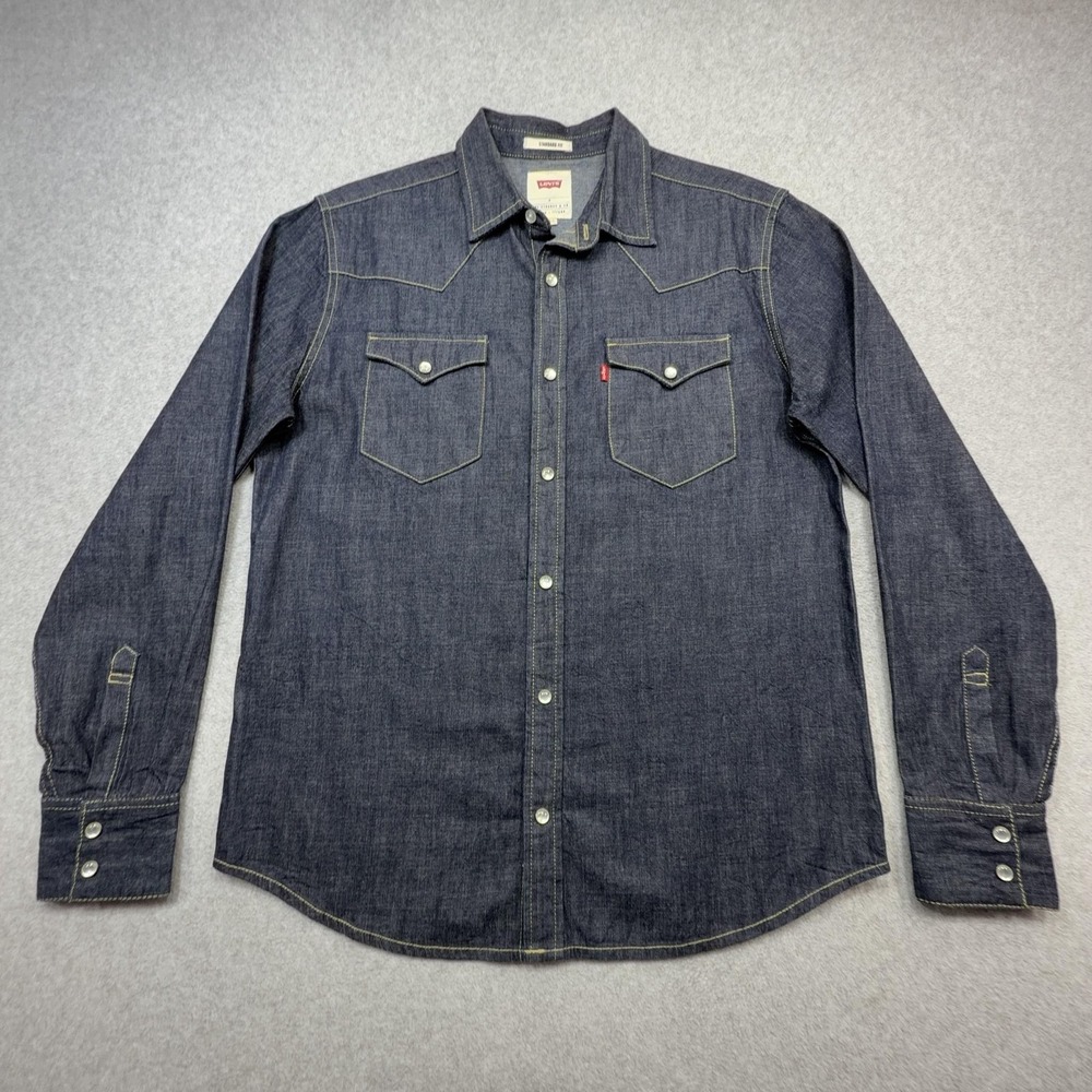 Levis Barstow Western Denim Pearl Snap Shirt Mens Small Blue Long Sleeve Raw